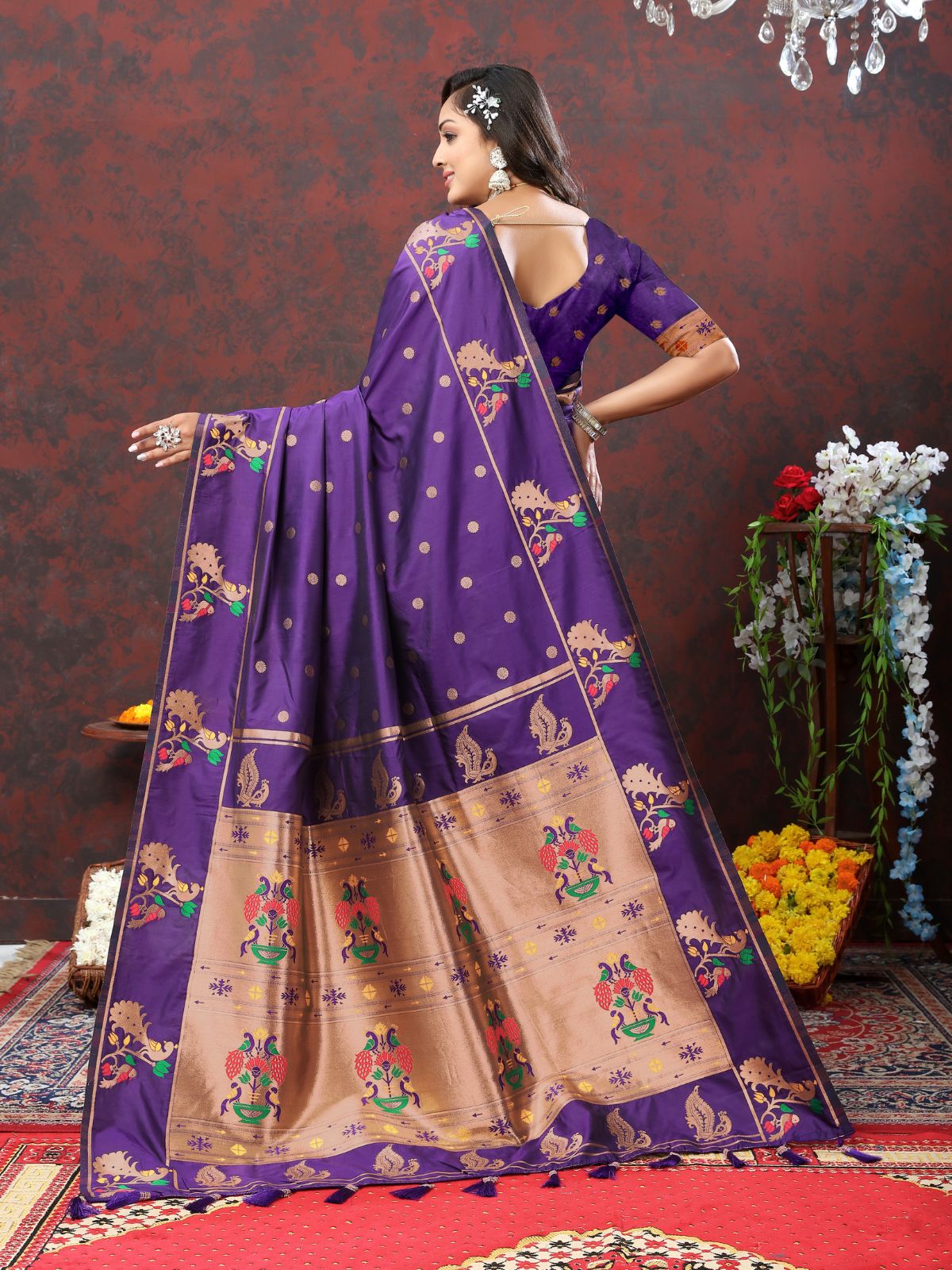 Odette Violet Pathani Silk Woven Saree with Unstitched Blouse for Women