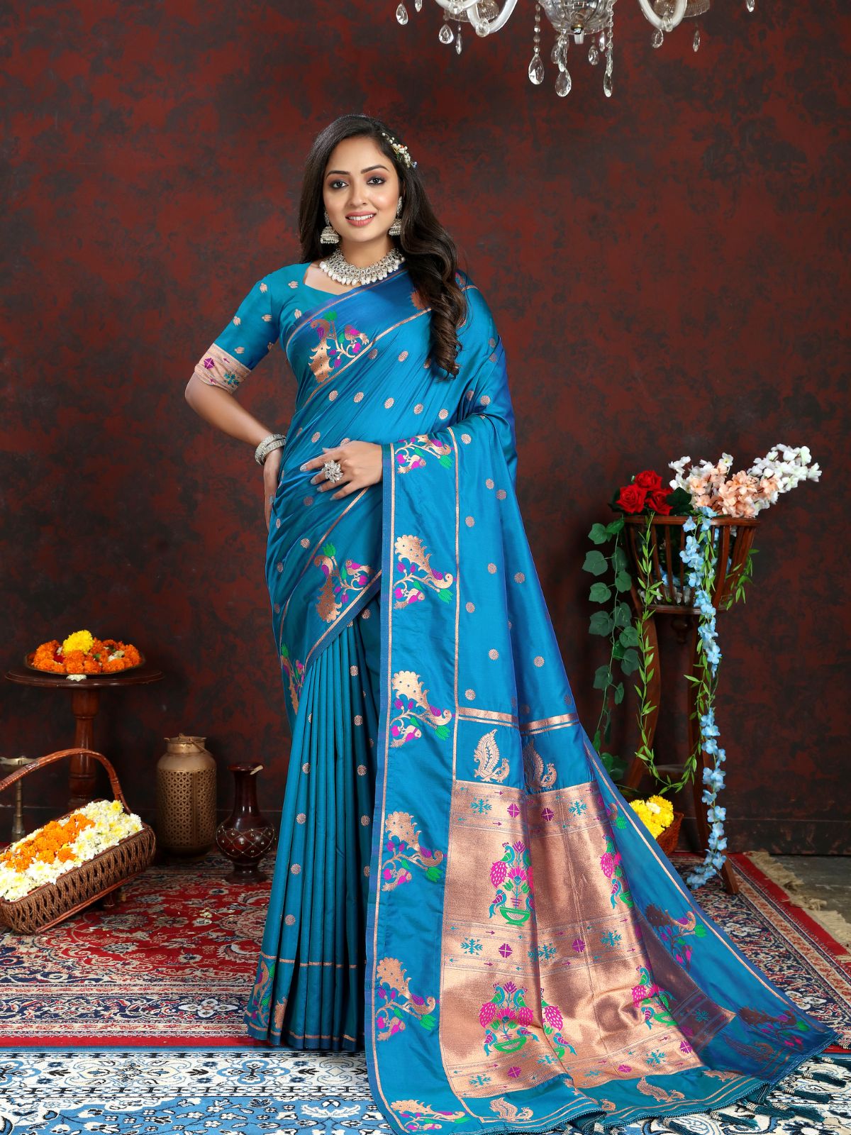 Odette Teal Pathani Silk Woven Saree with Unstitched Blouse for Women