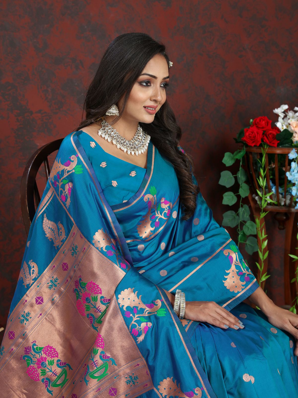 Odette Teal Pathani Silk Woven Saree with Unstitched Blouse for Women