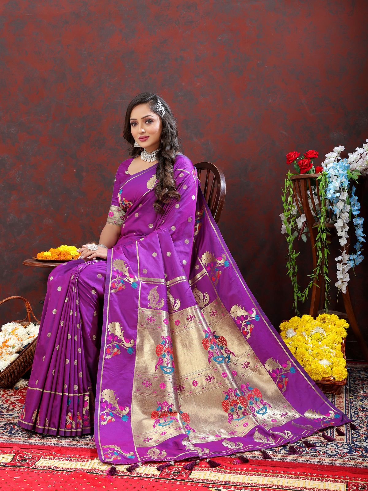 Odette Purple Pathani Silk Gold Zari Woven Saree with Unstitched Blouse for Women