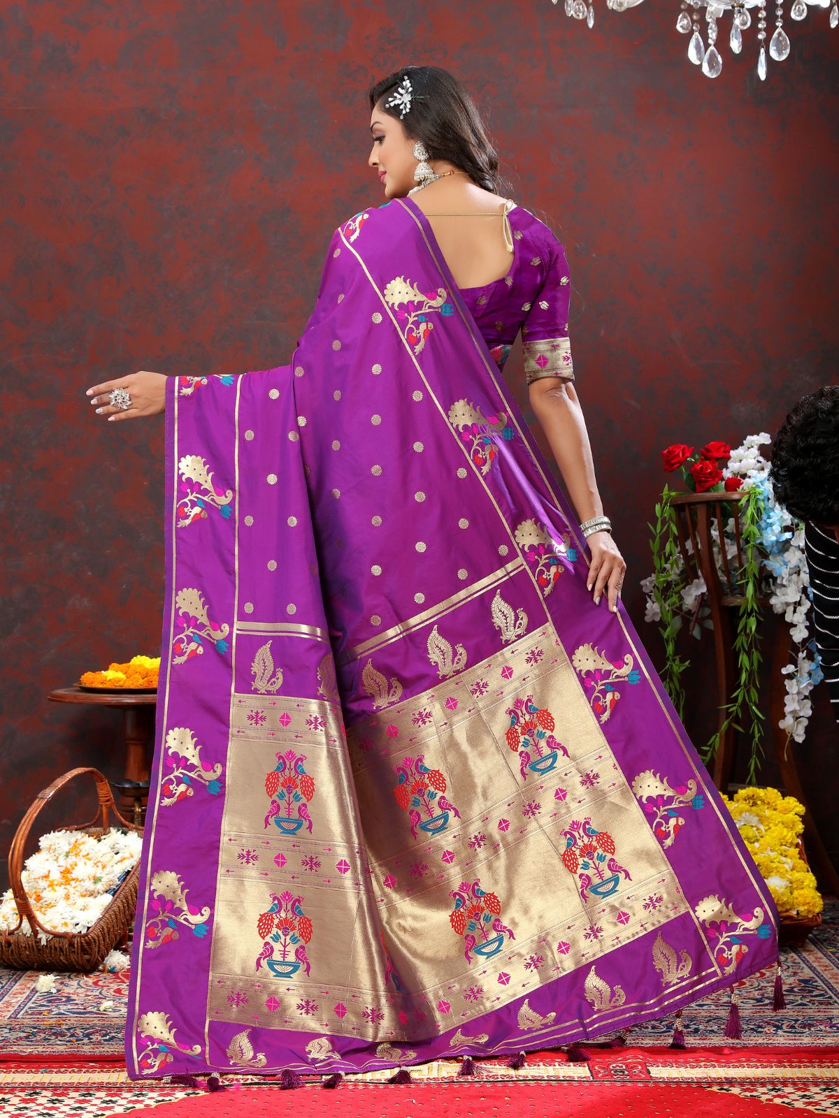 Odette Purple Pathani Silk Gold Zari Woven Saree with Unstitched Blouse for Women