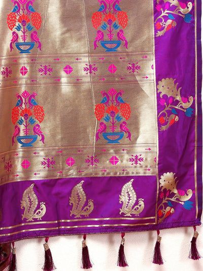 Odette Purple Pathani Silk Gold Zari Woven Saree with Unstitched Blouse for Women