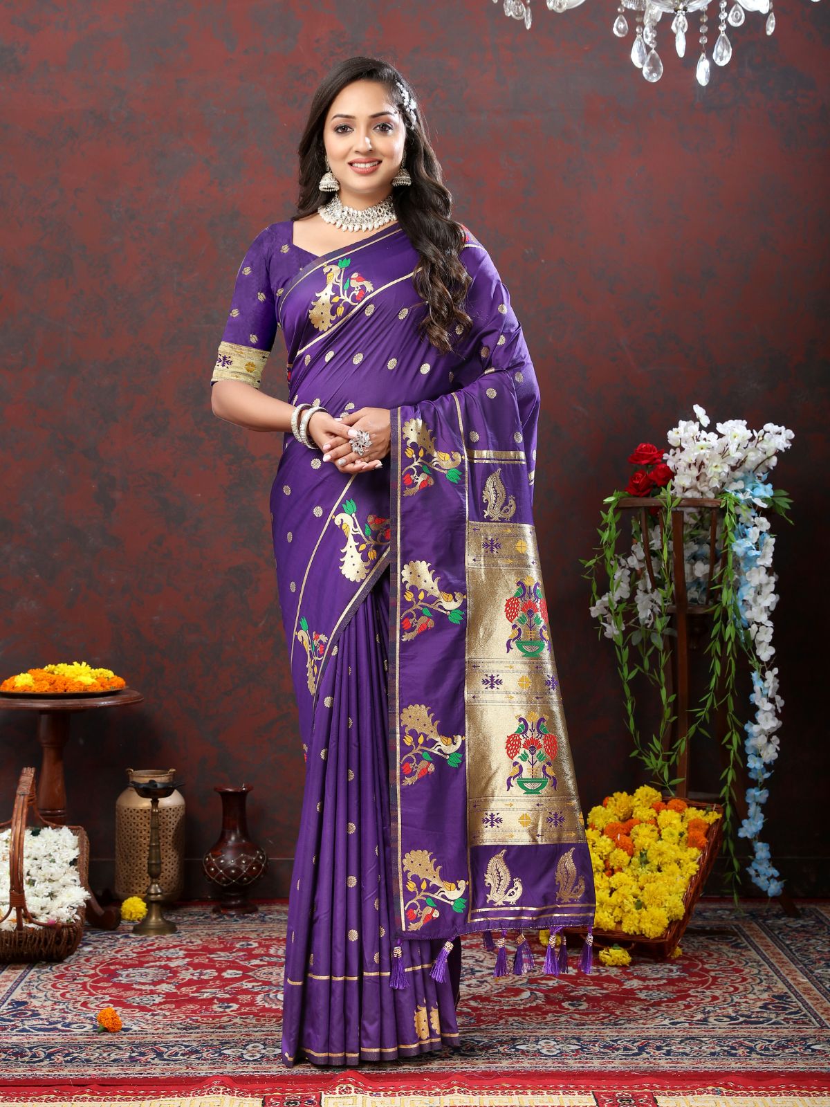 Odette Violet Pathani Silk Gold Zari Woven Saree with Unstitched Blouse for Women