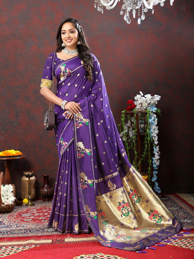 Odette Violet Pathani Silk Gold Zari Woven Saree with Unstitched Blouse for Women
