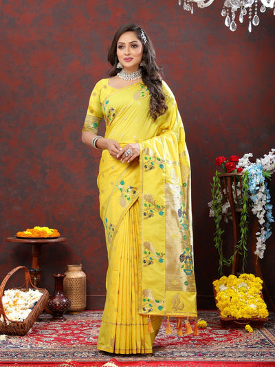 Odette Yellow Pathani Silk Gold Zari Woven Saree with Unstitched Blouse for Women