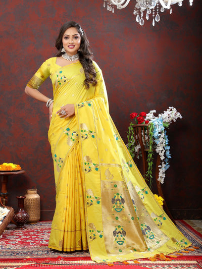 Odette Yellow Pathani Silk Gold Zari Woven Saree with Unstitched Blouse for Women