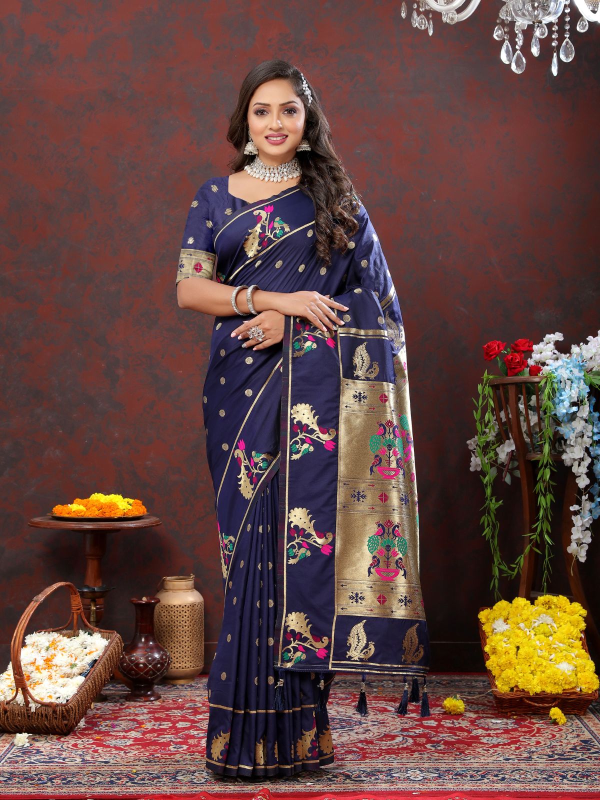 Odette Navy Blue Pathani Silk Gold Zari Woven Saree with Unstitched Blouse for Women