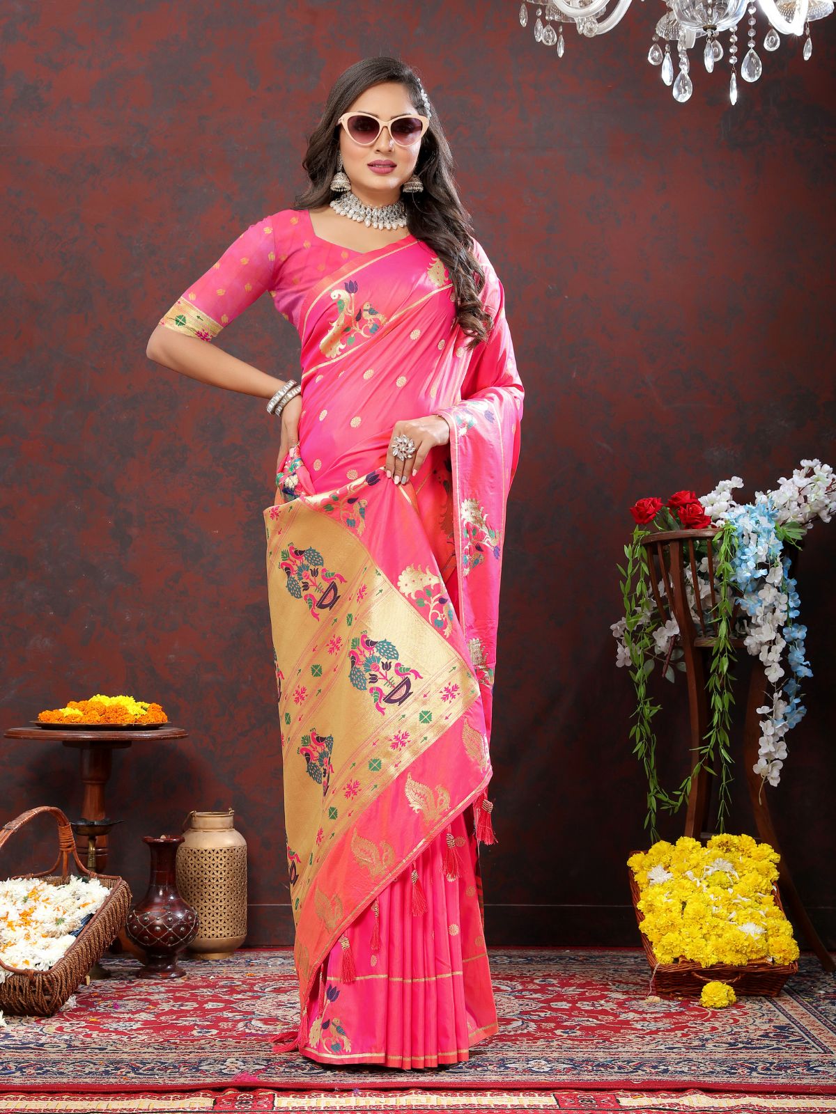Odette Pink Pathani Silk Gold Zari Woven Saree with Unstitched Blouse for Women
