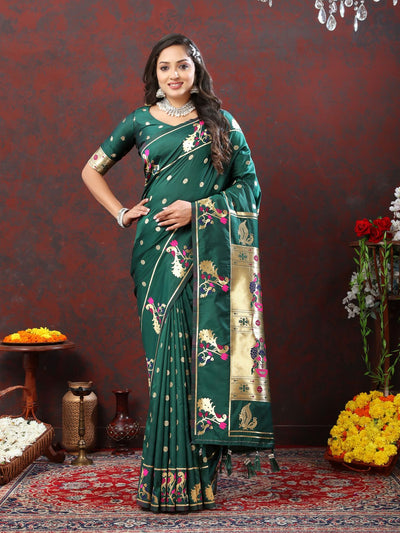 Odette Dark Green Pathani Silk Gold Zari Woven Saree with Unstitched Blouse for Women