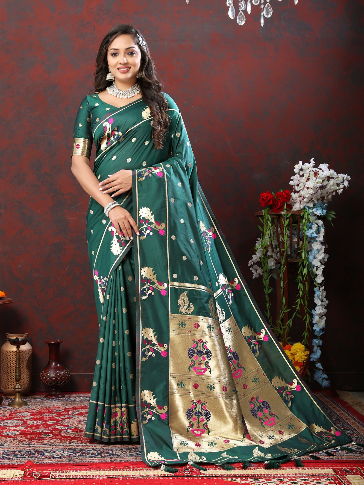 Odette Dark Green Pathani Silk Gold Zari Woven Saree with Unstitched Blouse for Women