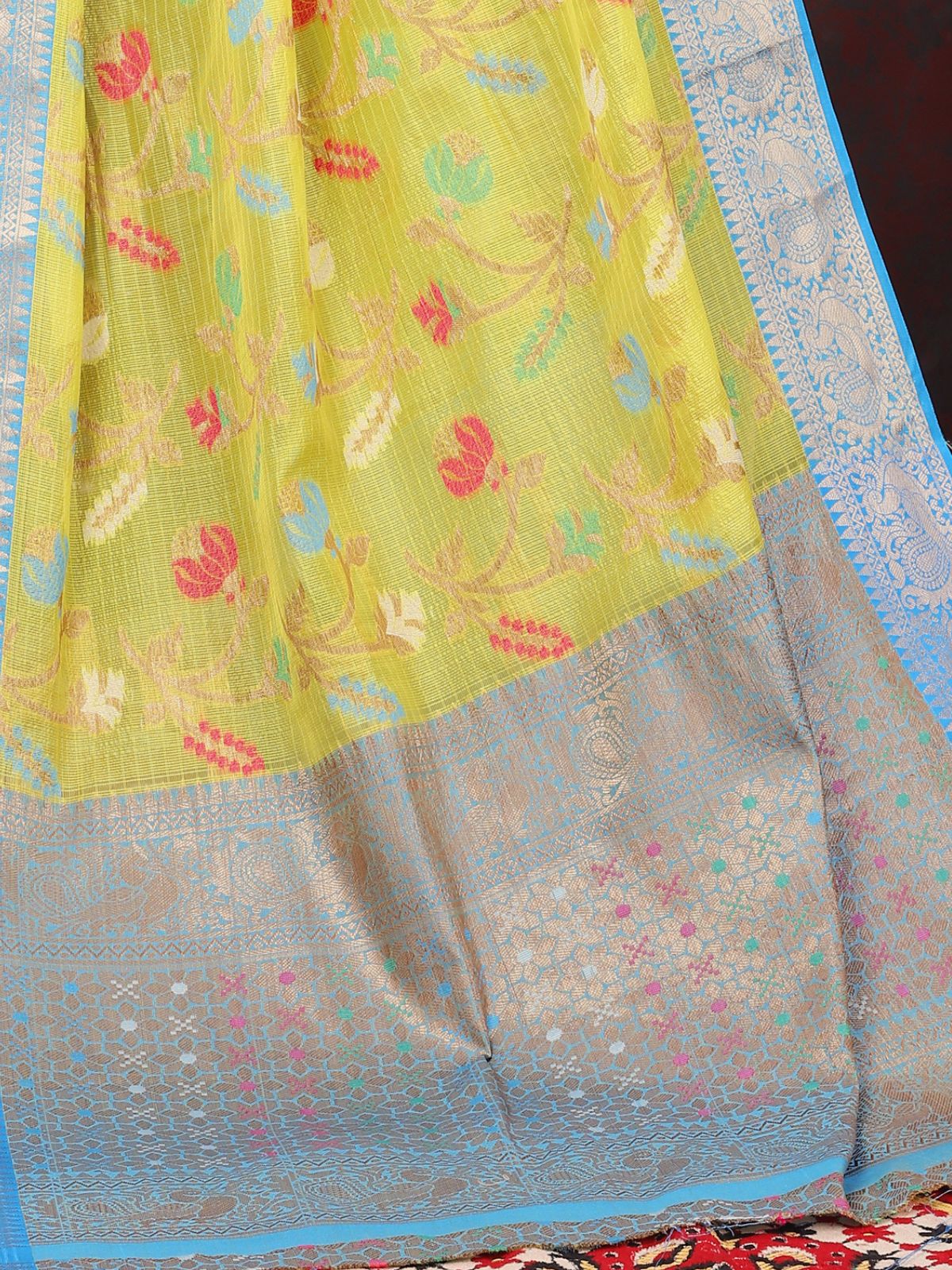 Odette Yellow Cotton Blend Woven Saree with Unstitched Blouse for Women