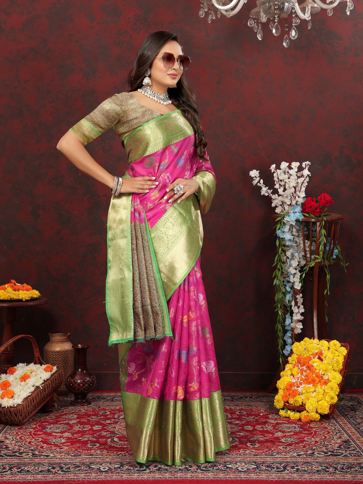 Odette Magenta Cotton Blend Woven Saree with Unstitched Blouse for Women