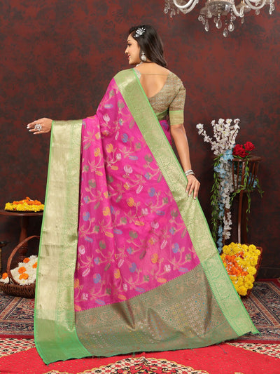 Odette Magenta Cotton Blend Woven Saree with Unstitched Blouse for Women