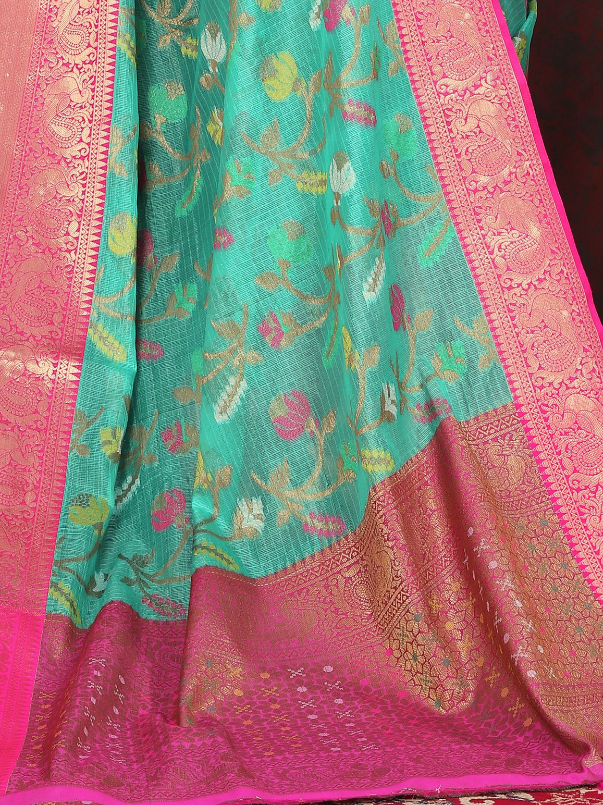 Odette Teal Cotton Blend Woven Saree with Unstitched Blouse for Women