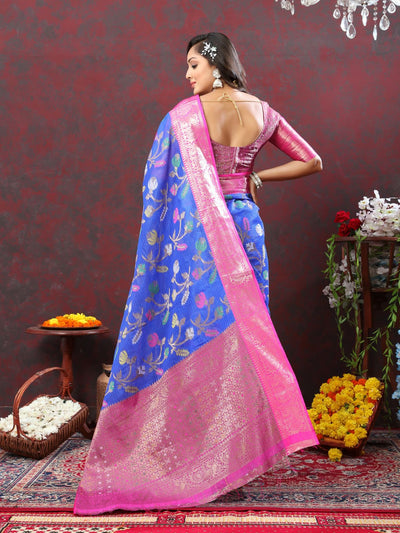 Odette Blue Cotton Blend Woven Saree with Unstitched Blouse for Women