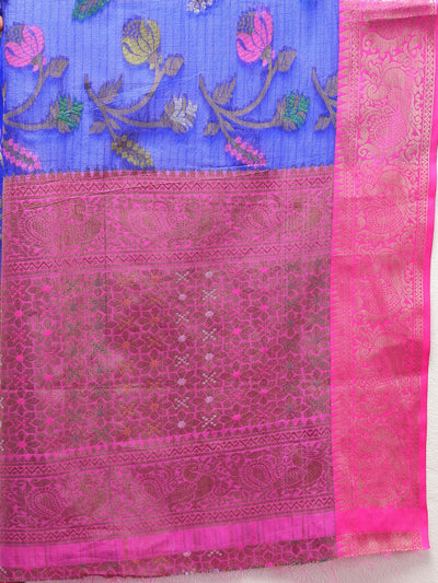 Odette Blue Cotton Blend Woven Saree with Unstitched Blouse for Women