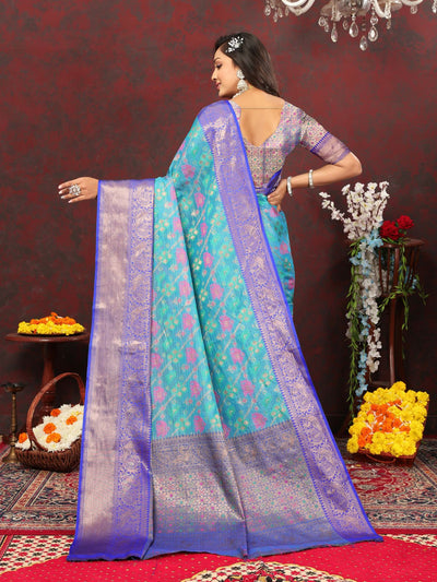 Odette Blue Cotton Blend Woven Saree with Unstitched Blouse for Women