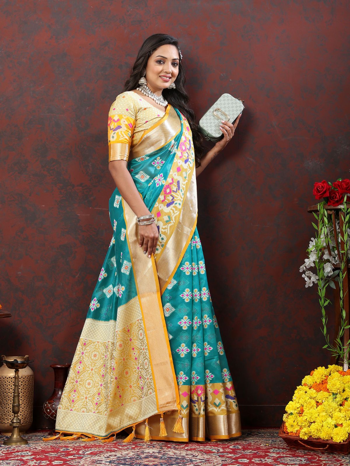 Odette Teal Organza Woven Saree with Unstitched Blouse for Women