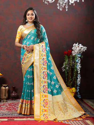 Odette Teal Organza Woven Saree with Unstitched Blouse for Women