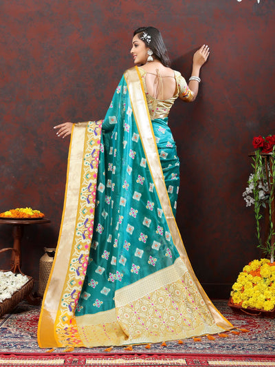 Odette Teal Organza Woven Saree with Unstitched Blouse for Women