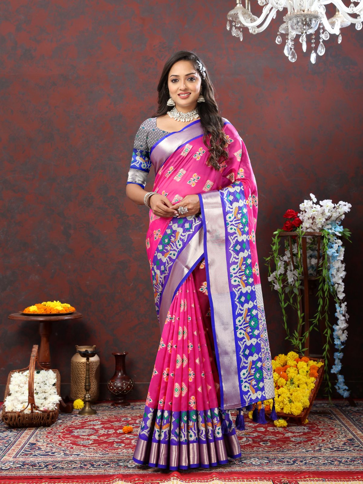 Odette Pink Organza Woven Saree with Unstitched Blouse for Women