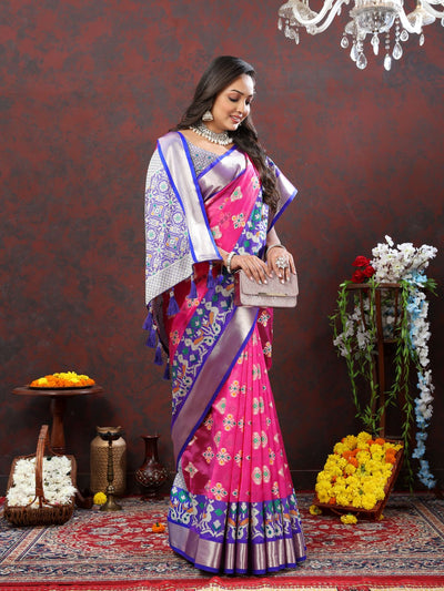 Odette Pink Organza Woven Saree with Unstitched Blouse for Women