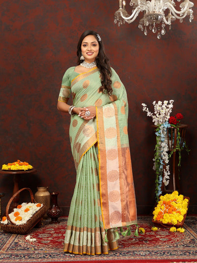 Odette Light Green Cotton Blend Woven Saree with Unstitched Blouse for Women