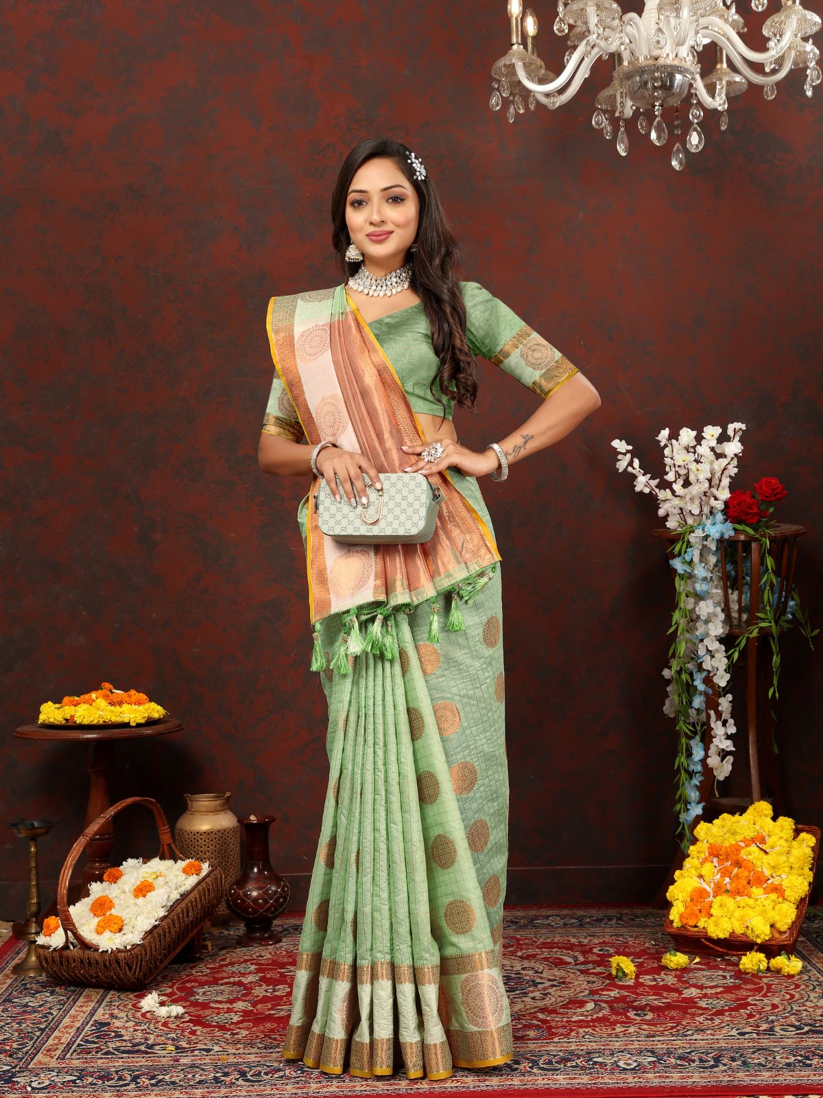 Odette Light Green Cotton Blend Woven Saree with Unstitched Blouse for Women