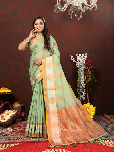 Odette Light Green Cotton Blend Woven Saree with Unstitched Blouse for Women