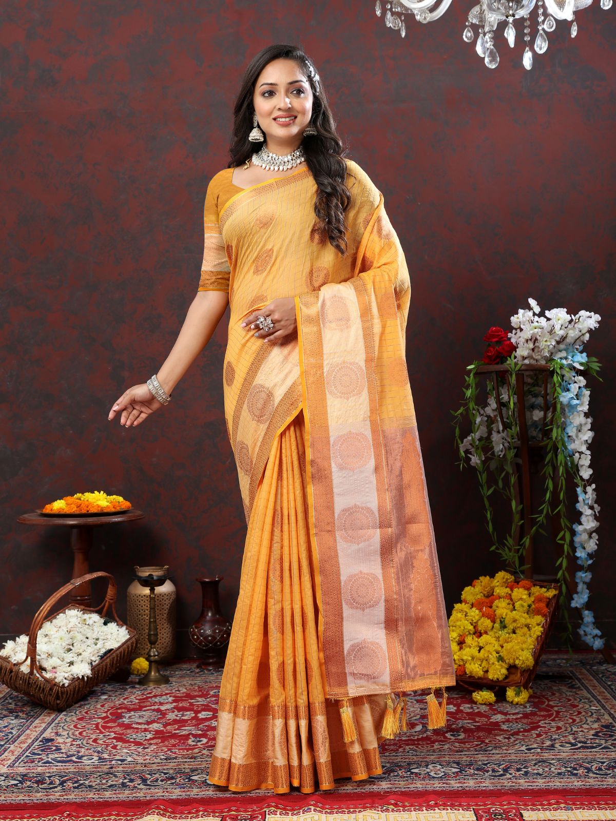 Odette Mustard Cotton Blend Woven Saree with Unstitched Blouse for Women