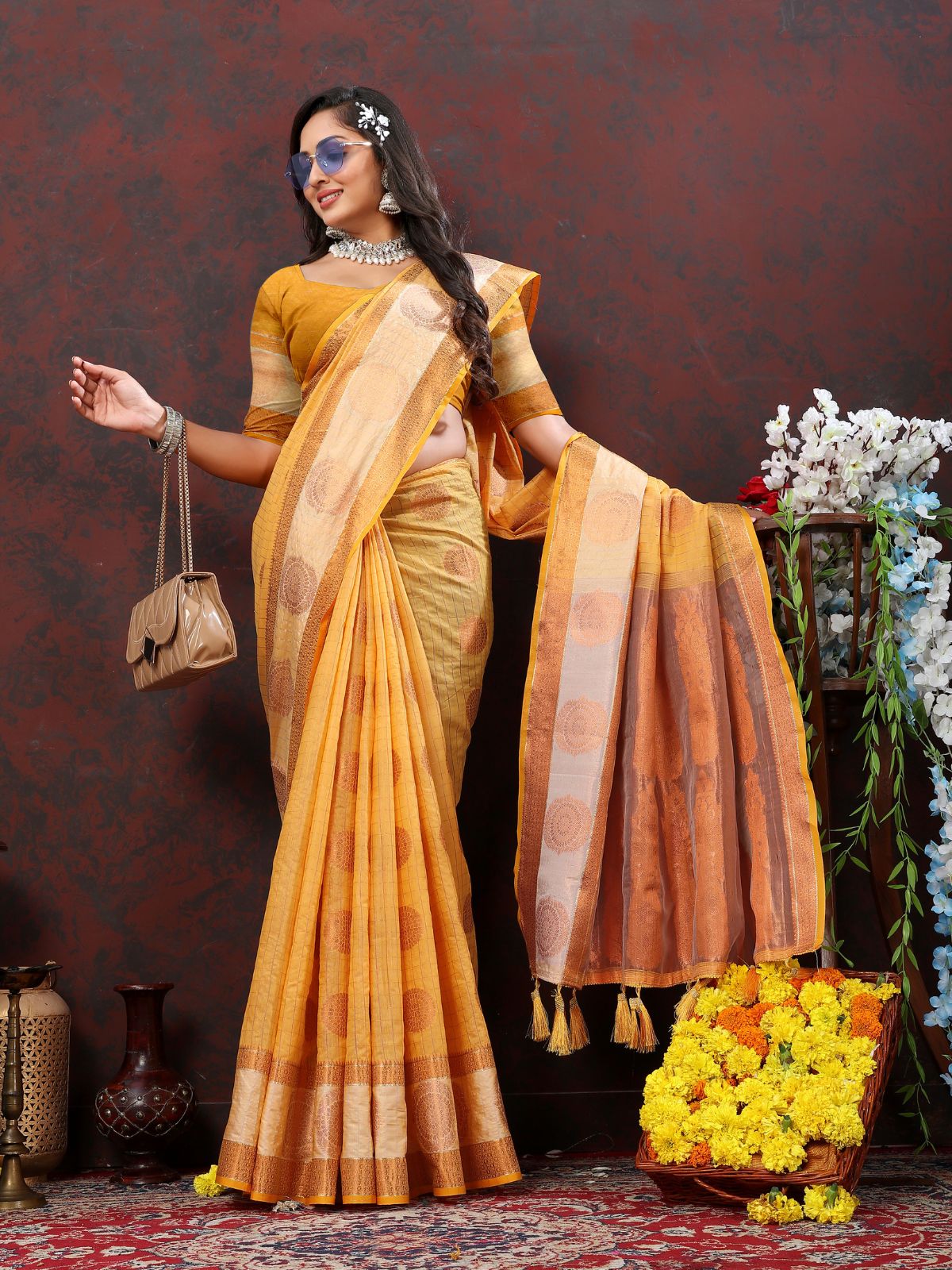 Odette Mustard Cotton Blend Woven Saree with Unstitched Blouse for Women