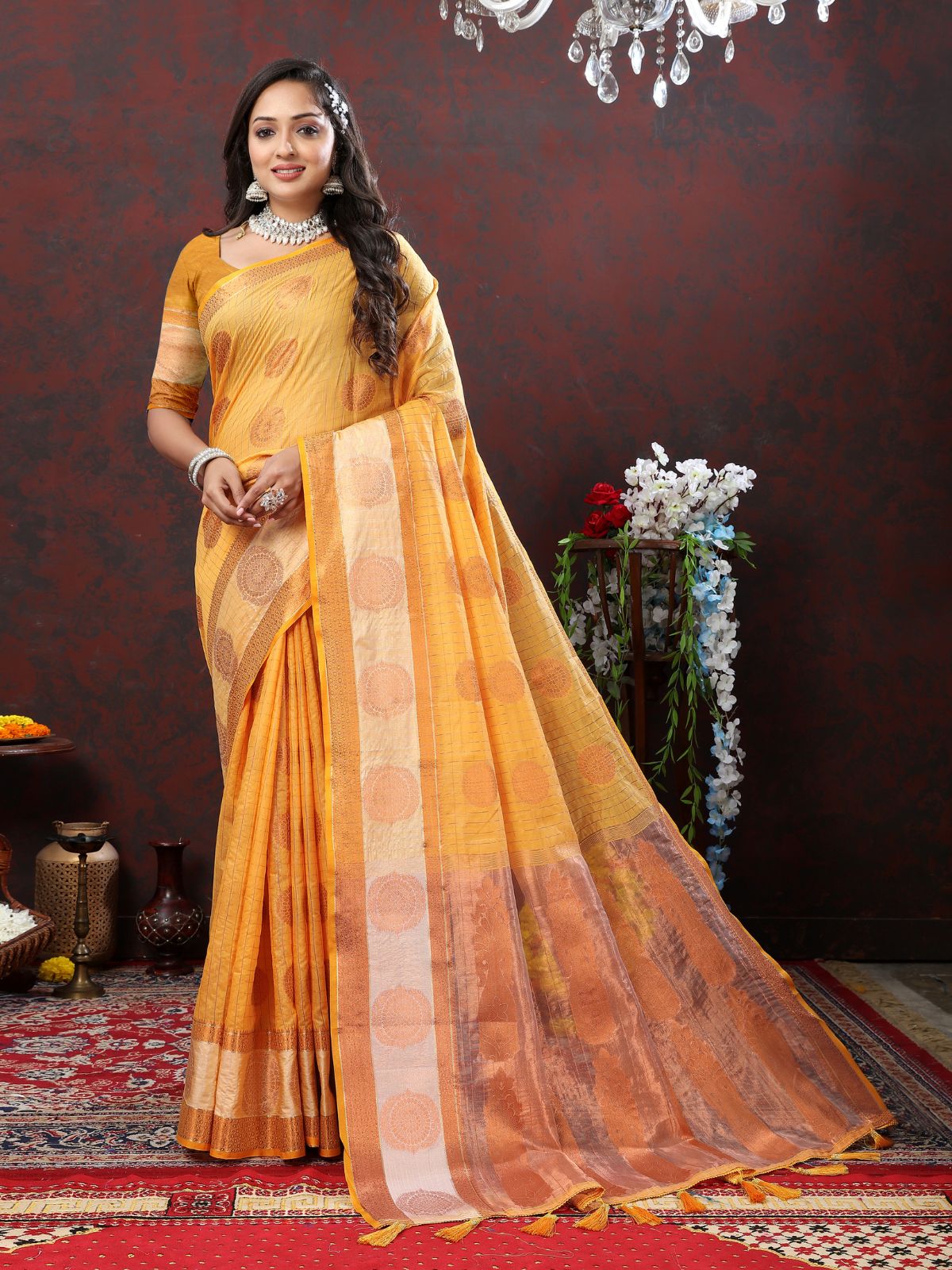 Odette Mustard Cotton Blend Woven Saree with Unstitched Blouse for Women