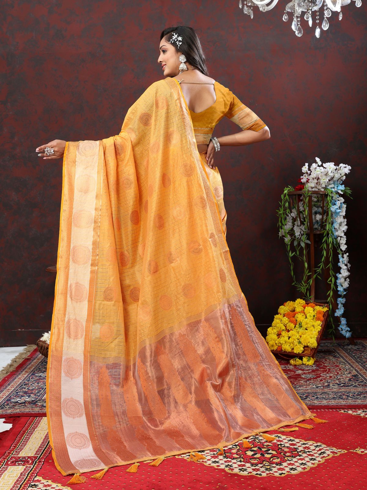 Odette Mustard Cotton Blend Woven Saree with Unstitched Blouse for Women