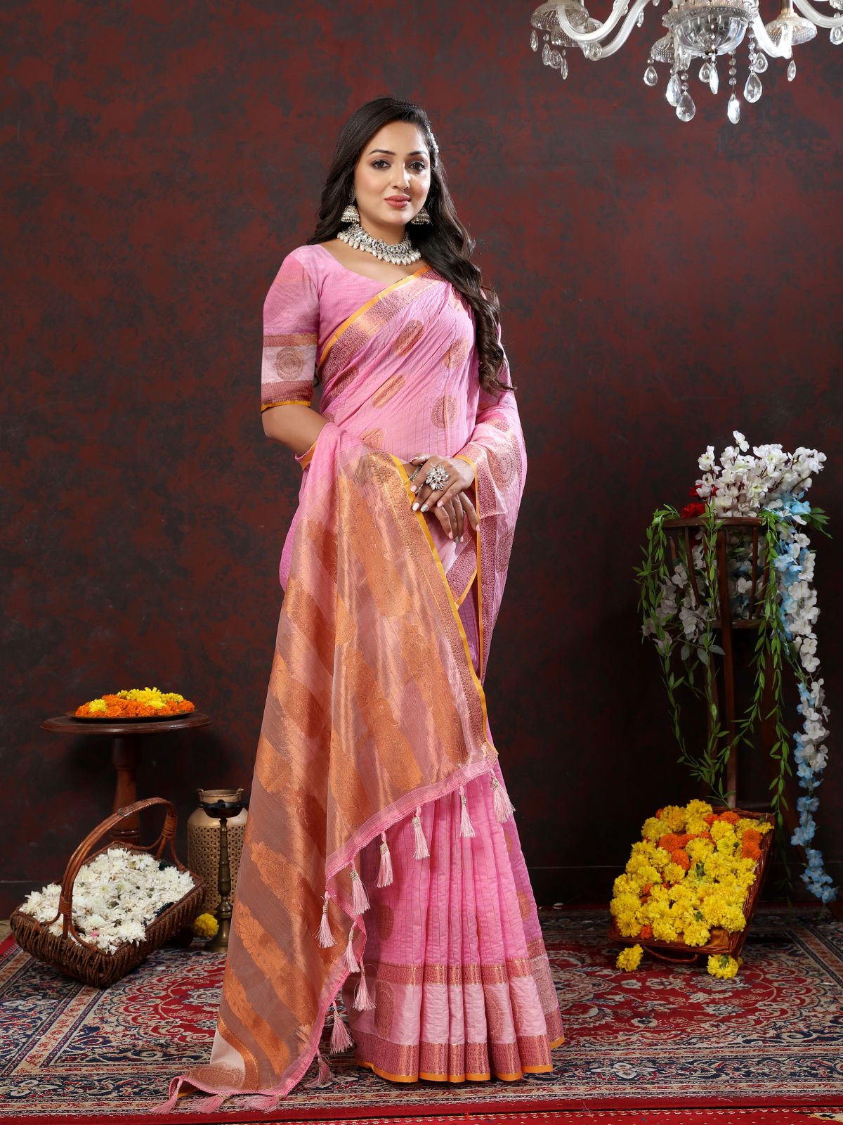 Odette Pink Cotton Blend Woven Saree with Unstitched Blouse for Women