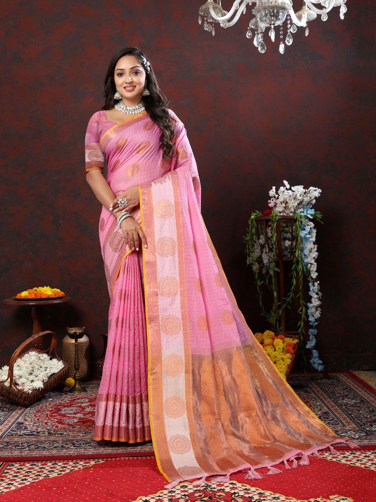 Odette Pink Cotton Blend Woven Saree with Unstitched Blouse for Women