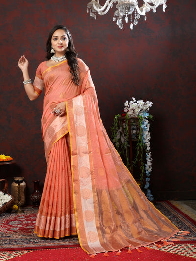Odette Orange Cotton Blend Woven Saree with Unstitched Blouse for Women