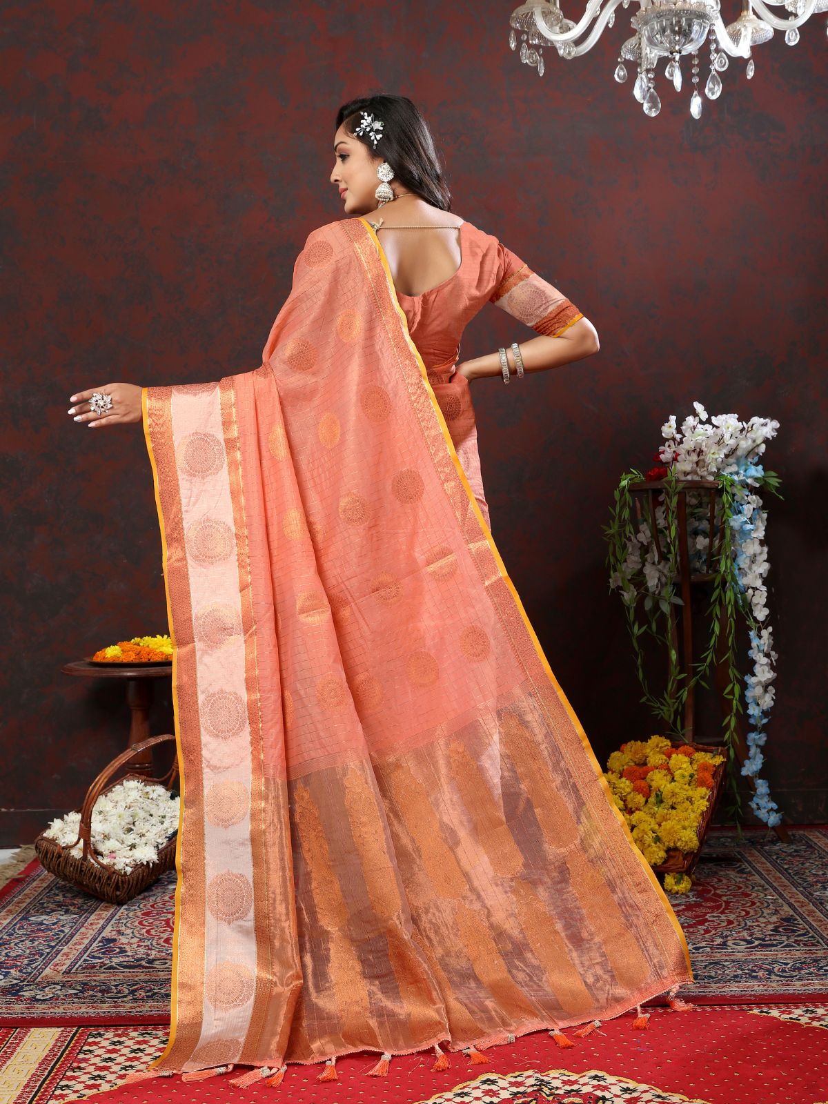 Odette Orange Cotton Blend Woven Saree with Unstitched Blouse for Women