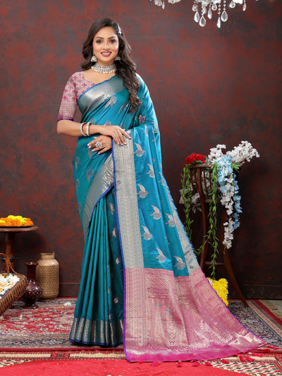 Odette Blue Silk Woven Saree with Unstitched Blouse for Women