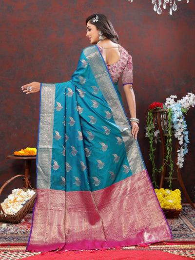Odette Blue Silk Woven Saree with Unstitched Blouse for Women