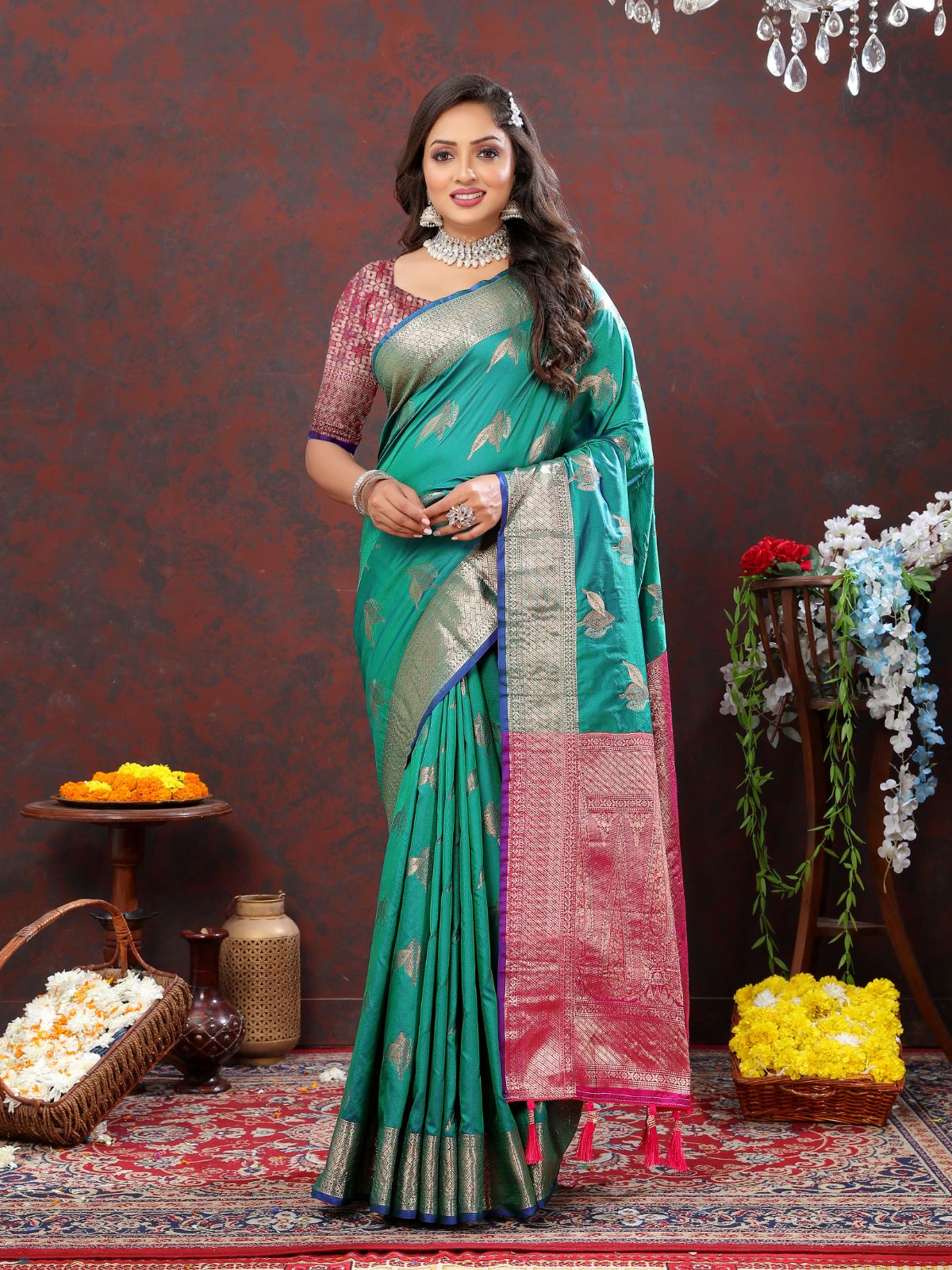 Odette Sea Green Silk Woven Saree with Unstitched Blouse for Women