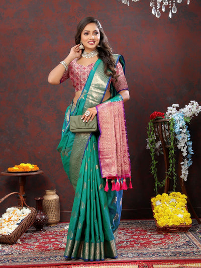 Odette Sea Green Silk Woven Saree with Unstitched Blouse for Women