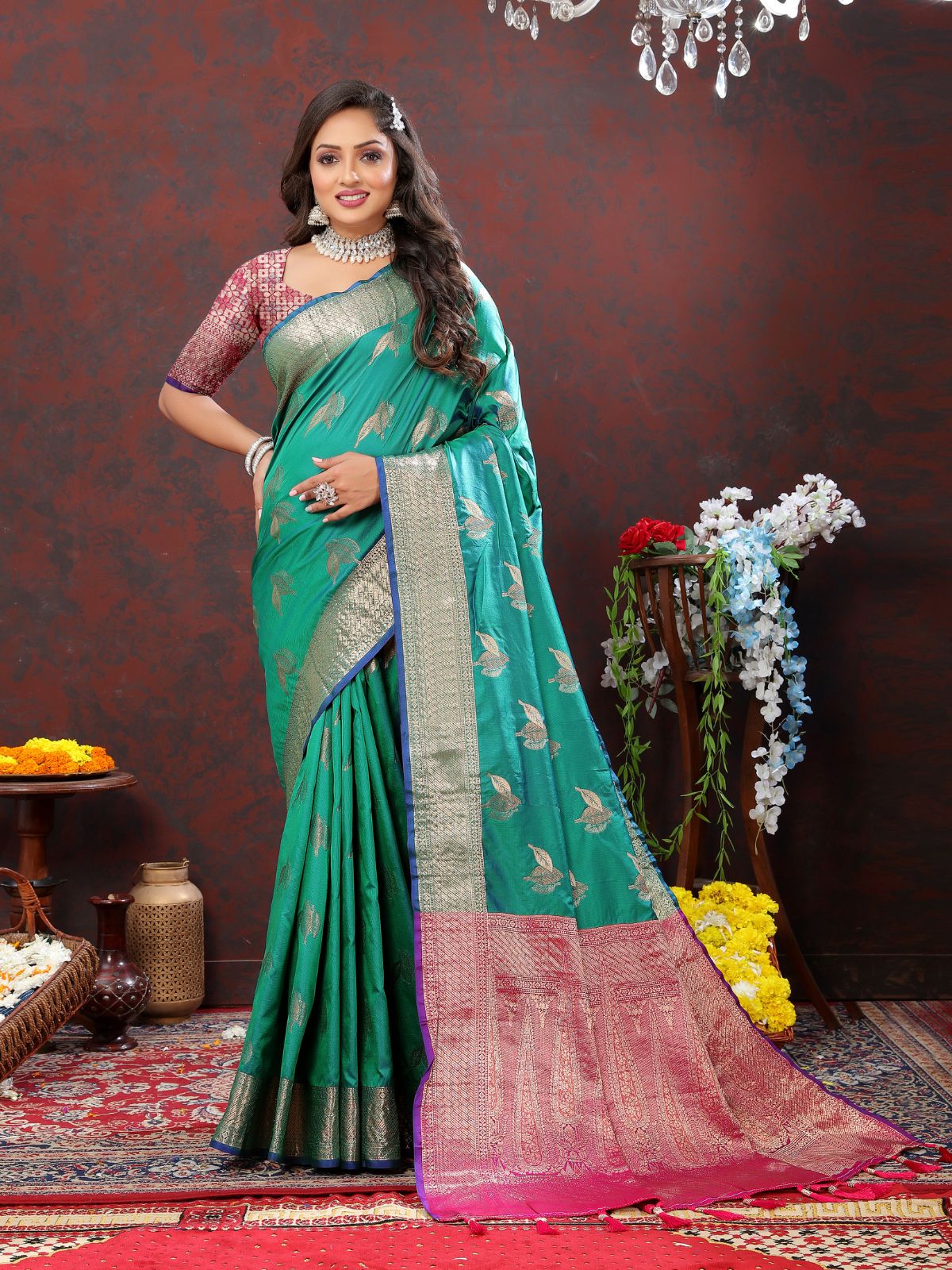 Odette Sea Green Silk Woven Saree with Unstitched Blouse for Women