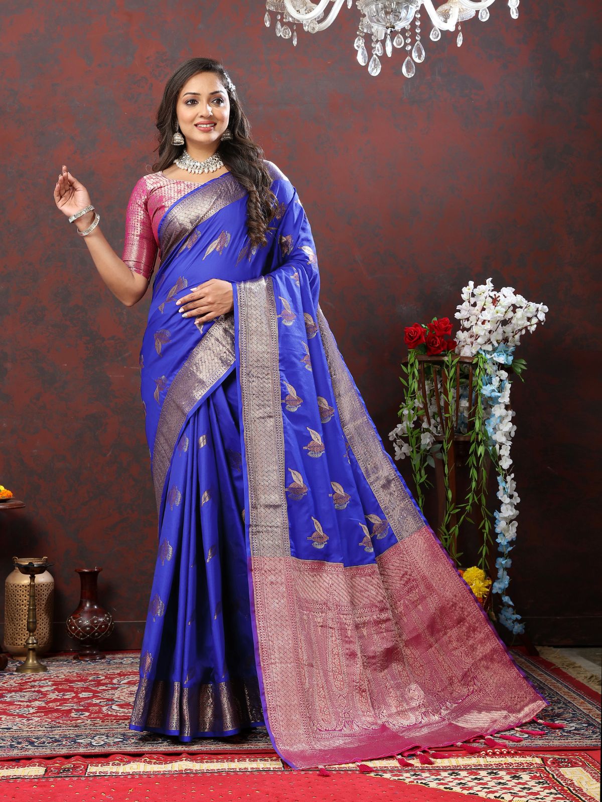 Odette Royal Blue Silk Woven Saree with Unstitched Blouse for Women