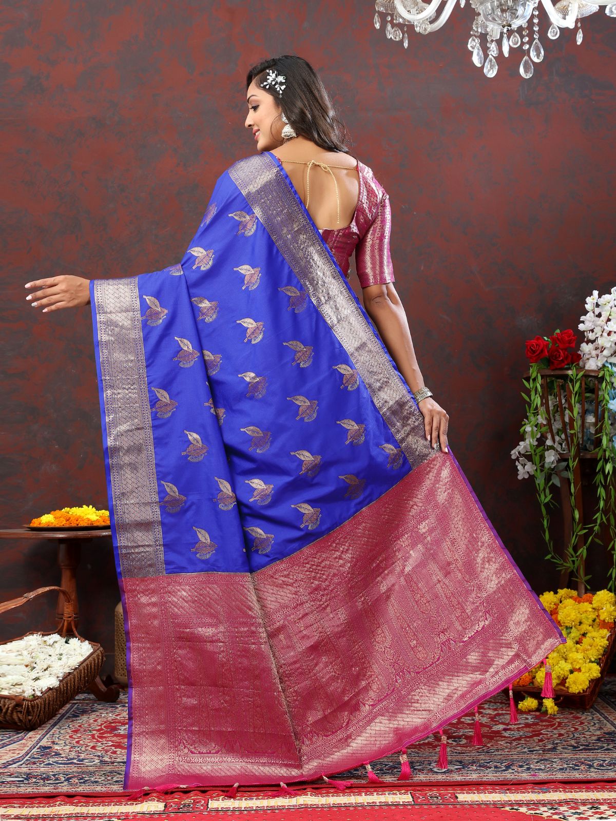 Odette Royal Blue Silk Woven Saree with Unstitched Blouse for Women