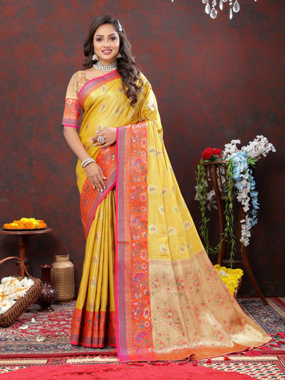 Odette Yellow Kanjivaram Silk Woven Saree with Unstitched Blouse for Women