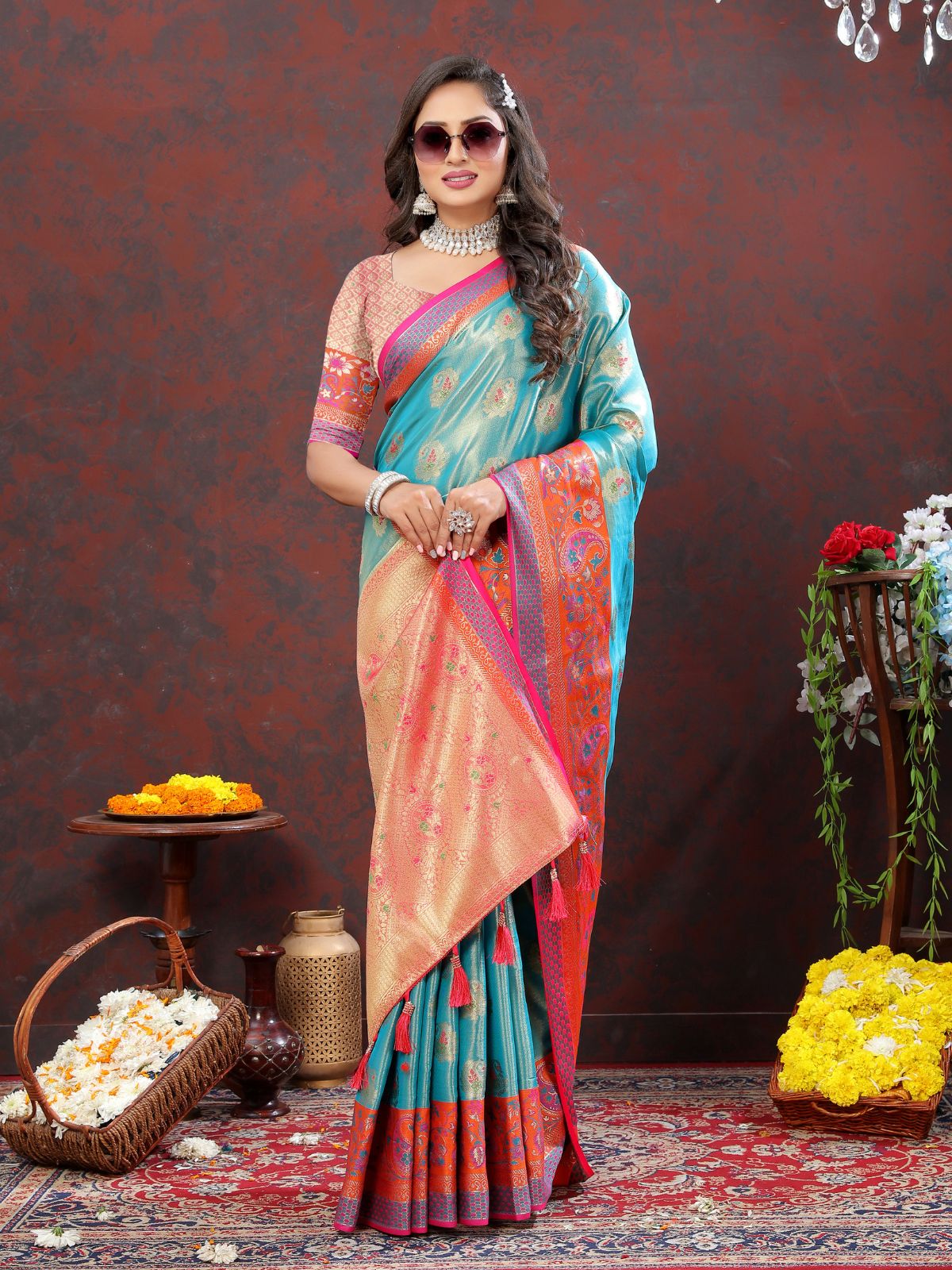 Odette Blue Kanjivaram Silk Woven Saree with Unstitched Blouse for Women