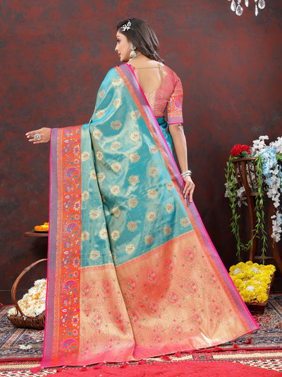Odette Blue Kanjivaram Silk Woven Saree with Unstitched Blouse for Women