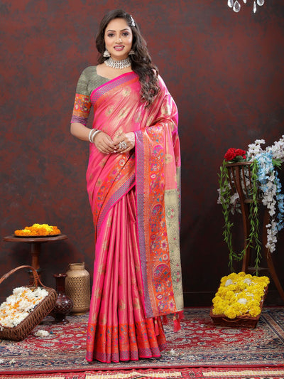 Odette Pink Kanjivaram Silk Woven Saree with Unstitched Blouse for Women