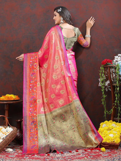 Odette Pink Kanjivaram Silk Woven Saree with Unstitched Blouse for Women