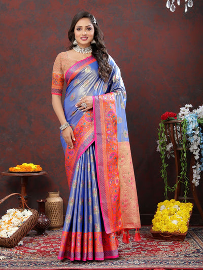 Odette Blue Kanjivaram Silk Woven Saree with Unstitched Blouse for Women